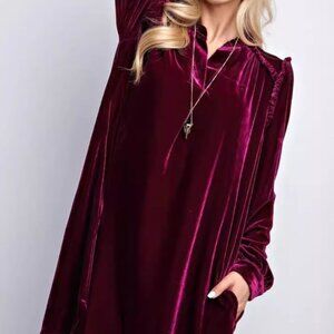 Frill Notched Long Sleeve Dress with Pockets